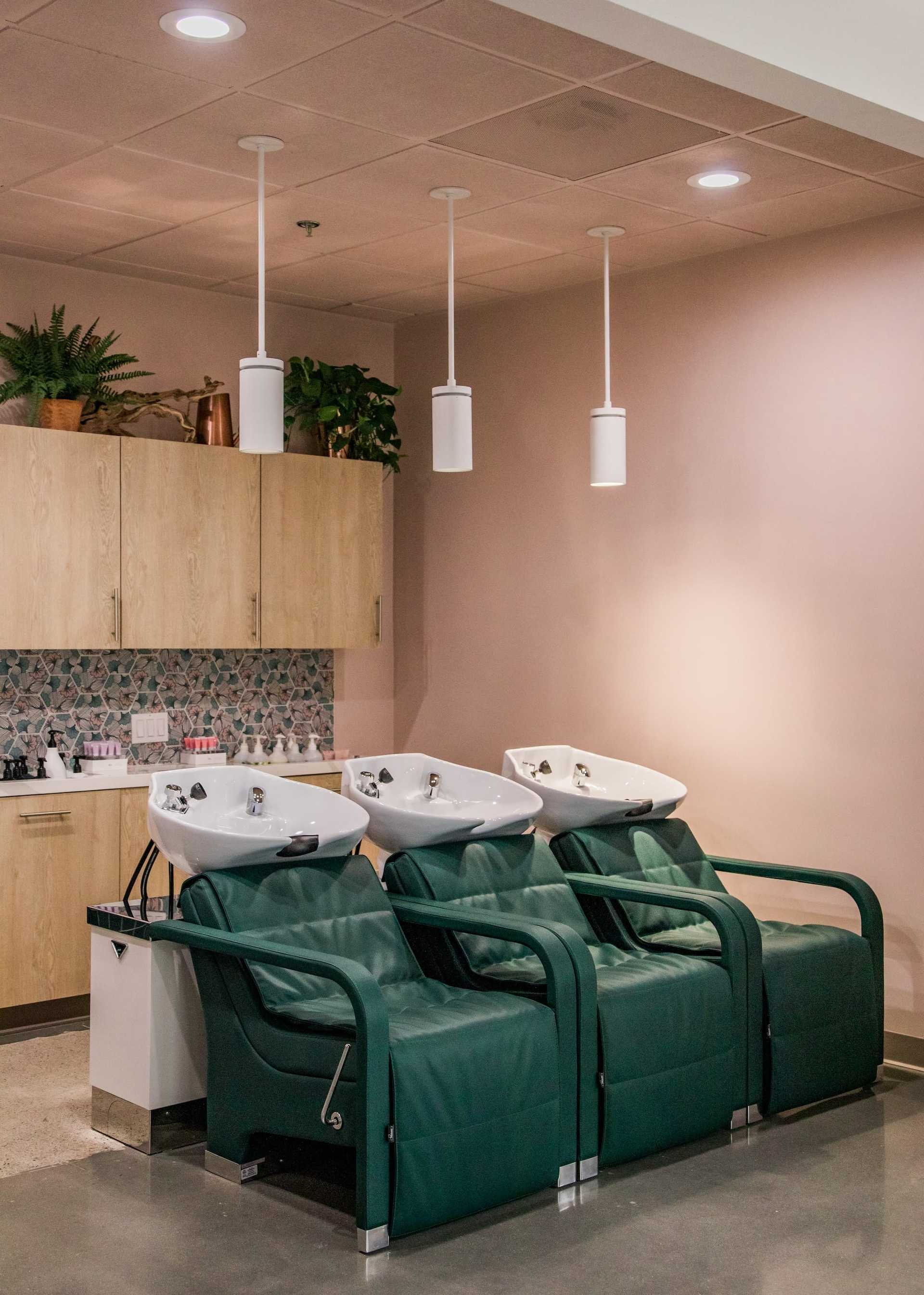 Salon with three hair washing stations, green chairs, and plants on wooden shelves.